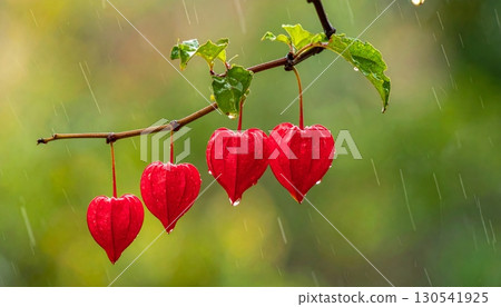 A branch of a cherry tree in a garden bears sweet red cherries with a green leaf A branch of a cherry tree in a garden bears sweet red cherries with a green leaf 130541925