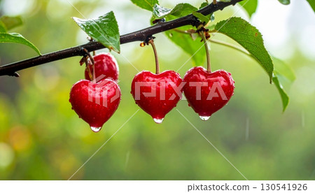 A branch of a cherry tree in a garden bears sweet red cherries with a green leaf A branch of a cherry tree in a garden bears sweet red cherries with a green leaf 130541926