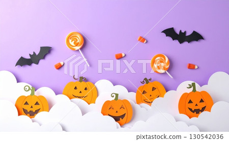 A fun cartoon vector illustration of a Halloween holiday background with bats, pumpkins, and a blue cloudy sky 130542036
