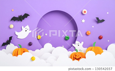 A fun cartoon vector illustration of a Halloween holiday background with bats, pumpkins, and a blue cloudy sky 130542037