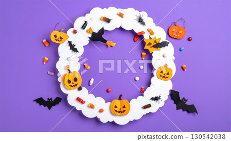 A fun cartoon vector illustration of a Halloween holiday background with bats, pumpkins, and a blue cloudy sky 130542038