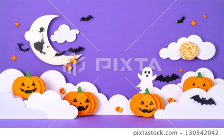 A fun cartoon vector illustration of a Halloween holiday background with bats, pumpkins, and a blue cloudy sky A fun cartoon vector illustration of a Halloween holiday background with bats, pumpkins, and a blue cloudy sky 130542042