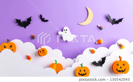 A fun cartoon vector illustration of a Halloween holiday background with bats, pumpkins, and a blue cloudy sky 130542043