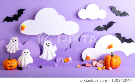 A fun cartoon vector illustration of a Halloween holiday background with bats, pumpkins, and a blue cloudy sky A fun cartoon vector illustration of a Halloween holiday background with bats, pumpkins, and a blue cloudy sky 130542044