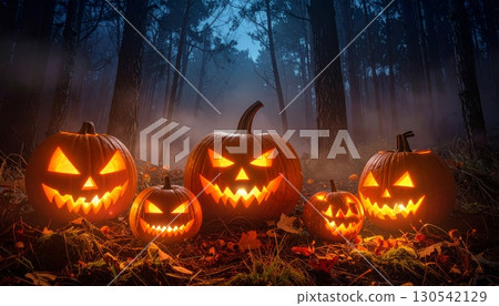 Spooky jack-o'-lanterns with carved evil faces glow in the dark autumn night, surrounded by bats on a scary cemetery 130542129