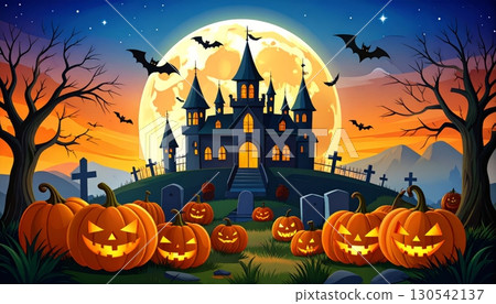 A spooky October night with a black witch silhouette, bats flying around a dark castle, and a scary pumpkin illustration A spooky October night with a black witch silhouette, bats flying around a dark castle, and a scary pumpkin illustration 130542137