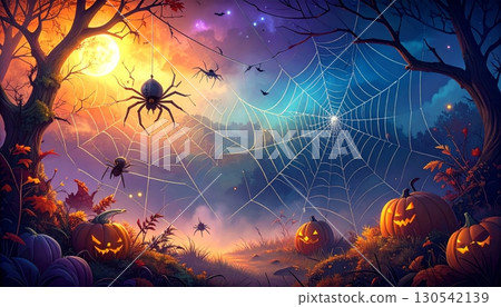 A shimmering spiderweb with dewdrops forms a beautiful fractal pattern, a delicate design element against the light A shimmering spiderweb with dewdrops forms a beautiful fractal pattern, a delicate design element against the light 130542139