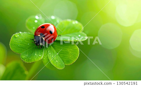 A macro close-up of a tiny red ladybug on a green leaf in the grass A macro close-up of a tiny red ladybug on a green leaf in the grass 130542191