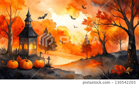 An orange and red sunset paints the sky over a mountain forest landscape, with sunlight filtering through the clouds and trees at dusk 130542203