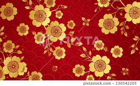 Elegant gold floral pattern and red Christmas holiday seamless vector texture with vintage antique ornament design Elegant gold floral pattern and red Christmas holiday seamless vector texture with vintage antique ornament design 130542205