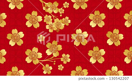 Elegant gold floral pattern and red Christmas holiday seamless vector texture with vintage antique ornament design Elegant gold floral pattern and red Christmas holiday seamless vector texture with vintage antique ornament design 130542207