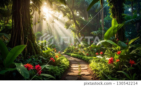 A lush garden path winds past a water sprinkler and fountain, with a stone footpath leading through the vibrant summer landscape 130542214