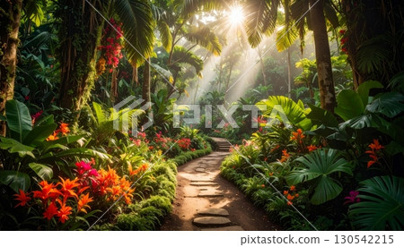 A lush garden path winds past a water sprinkler and fountain, with a stone footpath leading through the vibrant summer landscape 130542215