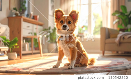 A cute little white and brown Jack Russell Terrier puppy sits on a bed, looking like a best friend 130542220