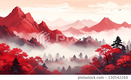 Winter sun rises and sets over the peaceful, cloud-covered mountain landscape 130542268