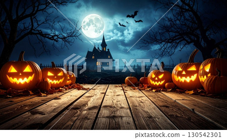 Spooky Halloween night background with pumpkins, bats, and a dark tree silhouette Spooky Halloween night background with pumpkins, bats, and a dark tree silhouette 130542301