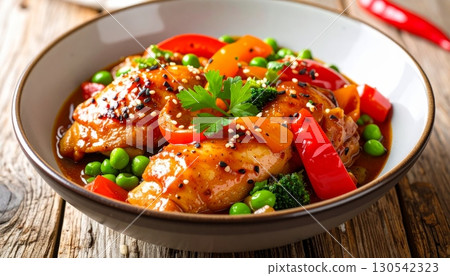 Delicious healthy vegetable and chicken meals with rice are served for lunch or dinner 130542323