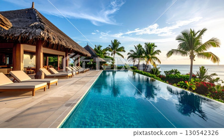 A tropical resort swimming pool with a stunning view of the sea and palm trees, perfect for a relaxing summer vacation 130542326
