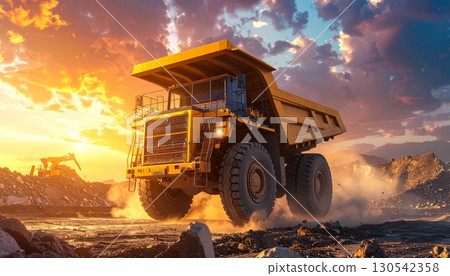 A heavy industrial vehicle transporting earth through a desert landscape at sunset A heavy industrial vehicle transporting earth through a desert landscape at sunset 130542358