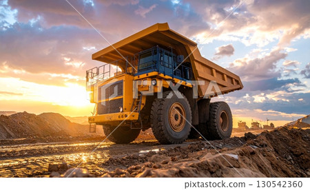 A heavy industrial vehicle transporting earth through a desert landscape at sunset 130542360