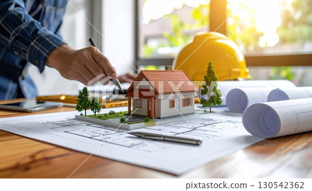 Real estate concept: a miniature house and keys rest on a blueprint, representing the structure and business of 130542362