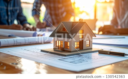 Real estate concept: a miniature house and keys rest on a blueprint, representing the structure and business of Real estate concept: a miniature house and keys rest on a blueprint, representing the structure and business of 130542363