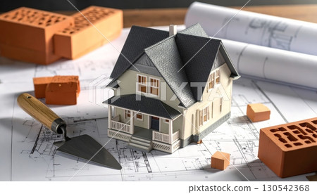 Small residential house with a new roof and windows on a blueprint architectural design Small residential house with a new roof and windows on a blueprint architectural design 130542368