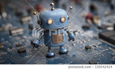 Small blue robot toy with glowing eyes standing on circuit board, surrounded by electronic components, creating futuristic and technological scene 130542424