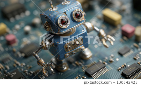 Small robot figure with vintage design, blue color, and metallic details, standing circuit board with electronic components, close up shot showing 130542425