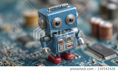 Small robot figure with vintage design, made of metal and plastic, standing circuit board with electronic components, conveying playful and tech 130542426