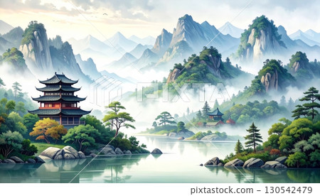 Serene morning and evening views of ancient Japanese temple architecture with a peaceful pagoda tower against the sky Serene morning and evening views of ancient Japanese temple architecture with a peaceful pagoda tower against the sky 130542479