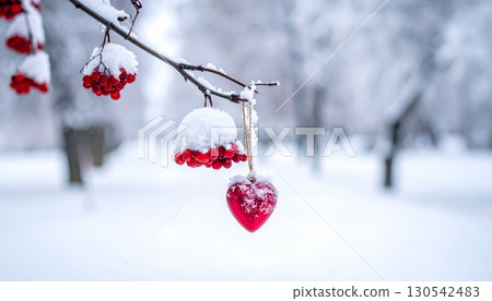 A romantic red heart decoration against a snowy winter backdrop symbolizes a celebration of love A romantic red heart decoration against a snowy winter backdrop symbolizes a celebration of love 130542483