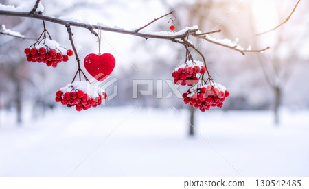 A romantic red heart decoration against a snowy winter backdrop symbolizes a celebration of love A romantic red heart decoration against a snowy winter backdrop symbolizes a celebration of love 130542485