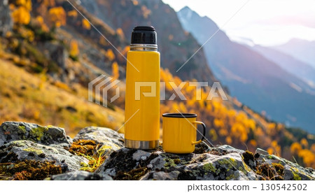 Winter hikers trek a snowy trail with a view of the mountains and a cloudy sky in the Alps 130542502