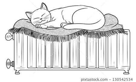A relaxed cat napping on a radiator with a blanket, created AI, PNG 130542534