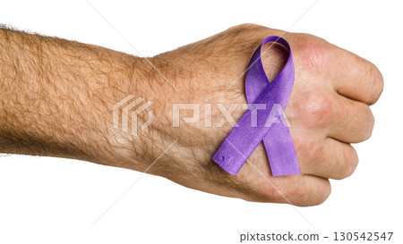 Hand with purple ribbon for Alzheimers, created with AI, PNG 130542547
