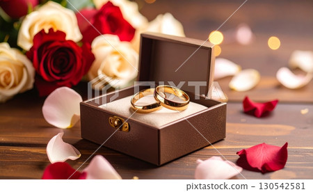 A romantic wedding bouquet of pink roses and white flowers with a couple's rings on a wooden table A romantic wedding bouquet of pink roses and white flowers with a couple's rings on a wooden table 130542581