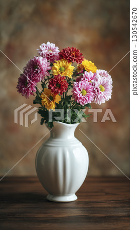 White ceramic vase with pink yellow and red chrysanth dea f ca f feaff flowers on wooden surface with blurred background White ceramic vase with pink yellow and red chrysanth dea f ca f feaff flowers on wooden surface with blurred background 130542670
