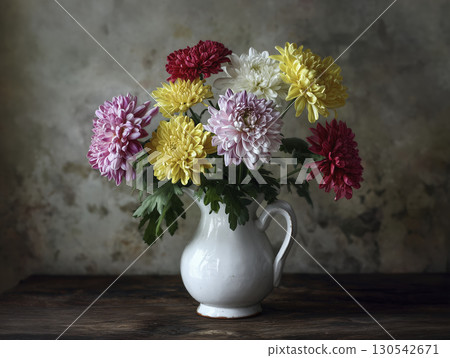 White ceramic vase with pink yellow and red chrysanth bddb e e ab bca flowers dark wooden table against textured wall background. Bright 130542671