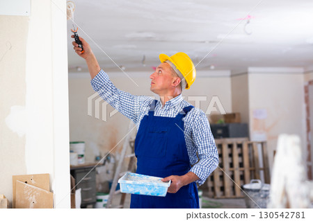 Portrait of positive man painter in a protective helmet and overal with paint roller 130542781