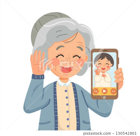 一位微笑的老婦人用智慧型手機與孫子進行視訊通話 一位微笑的老婦人用智慧型手機與孫子進行視訊通話 130542801