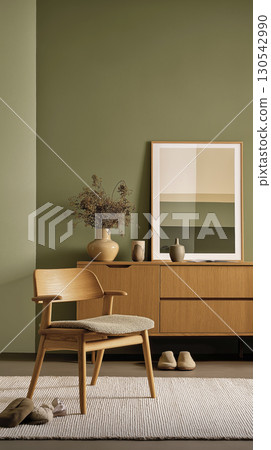 Minimalist interior with green wall, wooden sideboard, and decorative vases creating calm and cozy atmosphere. space is simple and elegant Minimalist interior with green wall, wooden sideboard, and decorative vases creating calm and cozy atmosphere. space is simple and elegant 130542990