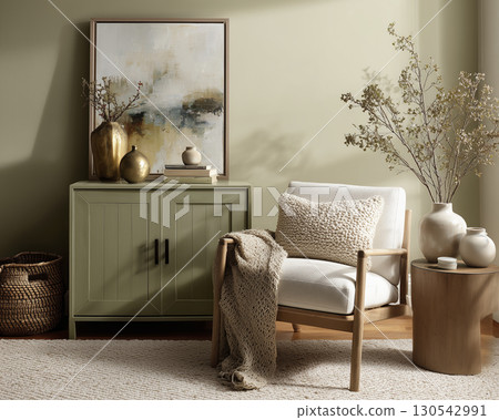 Cozy living room corner with white armchair, wooden side table, and decorative vases creating warm, inviting atmosphere with natural light 130542991