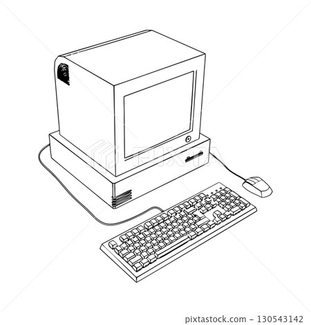 Outline for Coloring of Desktop Computer with CRT Monitor, Keyboard, and Wired Mouse. Vector Illustration. 130543142