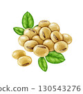 Soybean pile with green soya leaves isolated on white background. Hand drawn realistic watercolor illustration. Close up legume dry soya bean group natural organic vegan source of protein 130543276