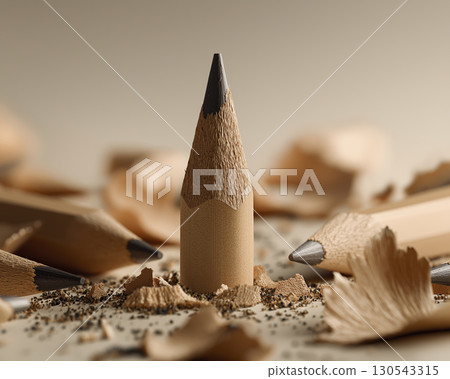 Close up of sharpened wooden pencil standing upright among scattered pencil shavings and debris, with neutral background conveying focus Close up of sharpened wooden pencil standing upright among scattered pencil shavings and debris, with neutral background conveying focus 130543315