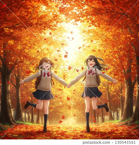 Female students having fun with autumn leaves 130543581