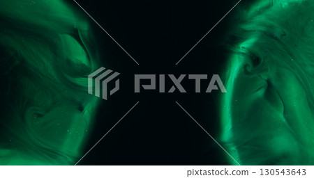 Smoke wave. Dark haze. Green shimmering paint flow on two light arch lens water. Fantasy drop color explosion abstract black blur background. Smoke wave. Dark haze. Green shimmering paint flow on two light arch lens water. Fantasy drop color explosion abstract black blur background. 130543643