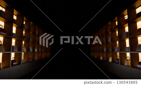 The image of luxury brand bags displayed endlessly on a grid-like rack 130543805
