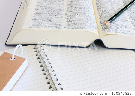 Educational image: Test study, exam study, notebook and English-Japanese dictionary, copy space, 3:2 Educational image: Test study, exam study, notebook and English-Japanese dictionary, copy space, 3:2 130543825